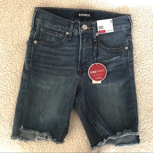 Express High Waisted Denim Bermuda Jean Shorts - Picture 2 of 9